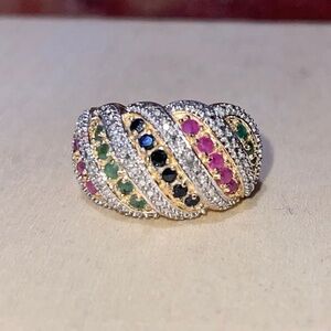 Pre-Owned 925 Gold Tone Ring Green Magenta Dark Blue Stones Elegant Fancy Chic